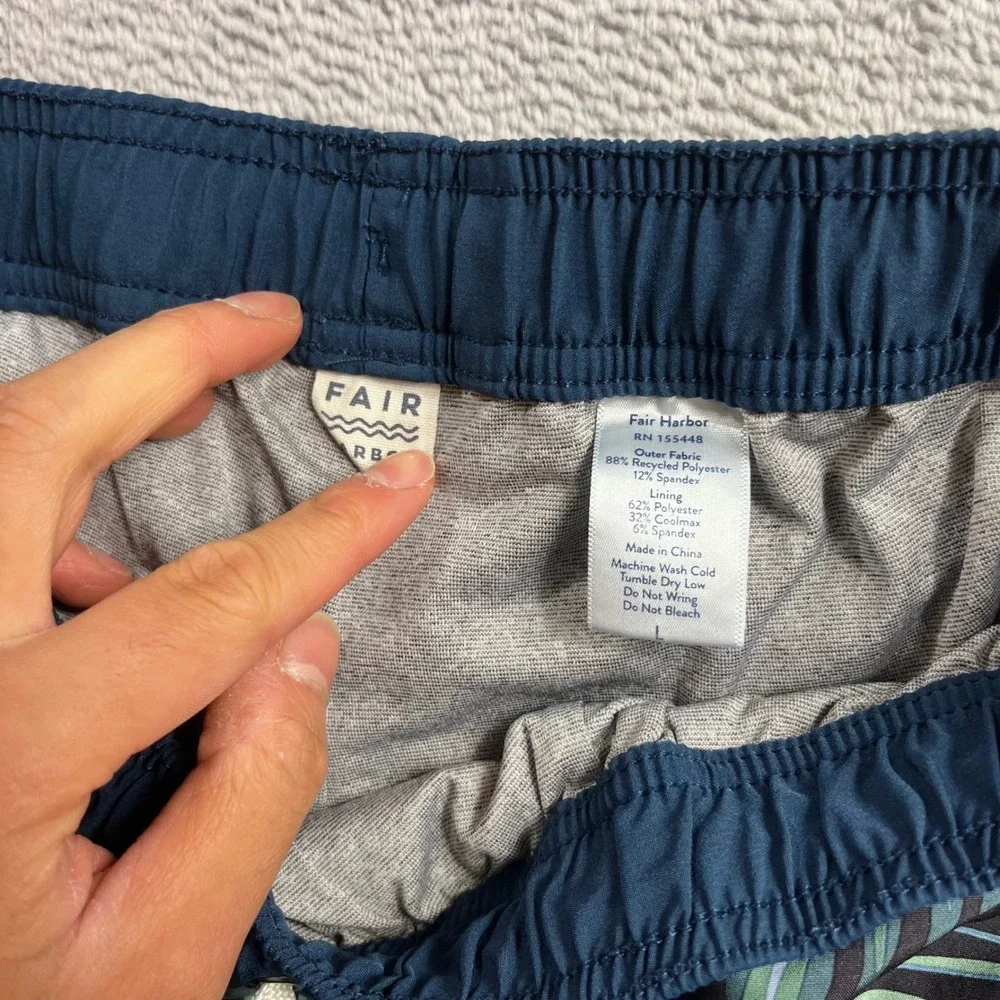 Fair Harbor Mens Tropical Palm Print Swim Trunks Blue Green Size Large